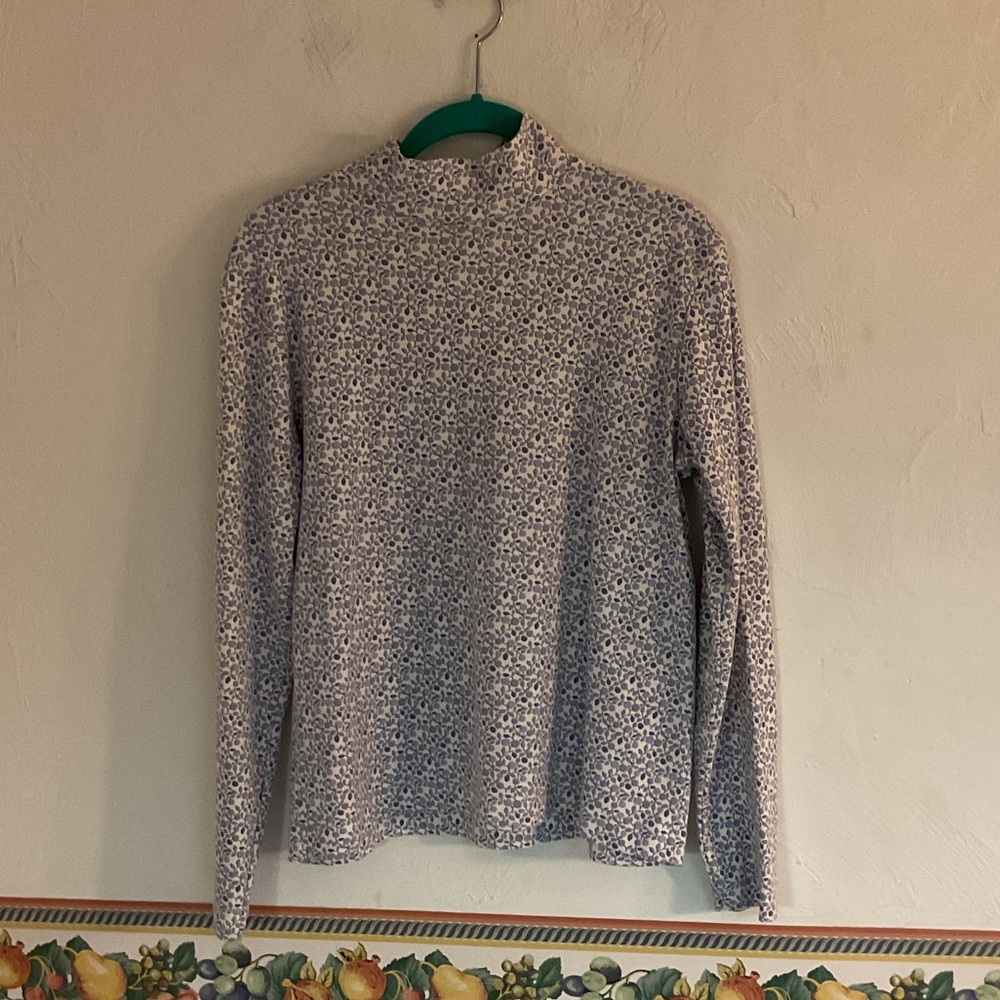 Leon Levin Floral Long Sleeve Turtleneck Top, Size L, White/Purple